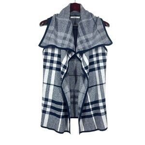 OST Cotton Cashmere Blend Sleeveless Knit Cardigan Sz S Blue Plaid Shawl Collar
